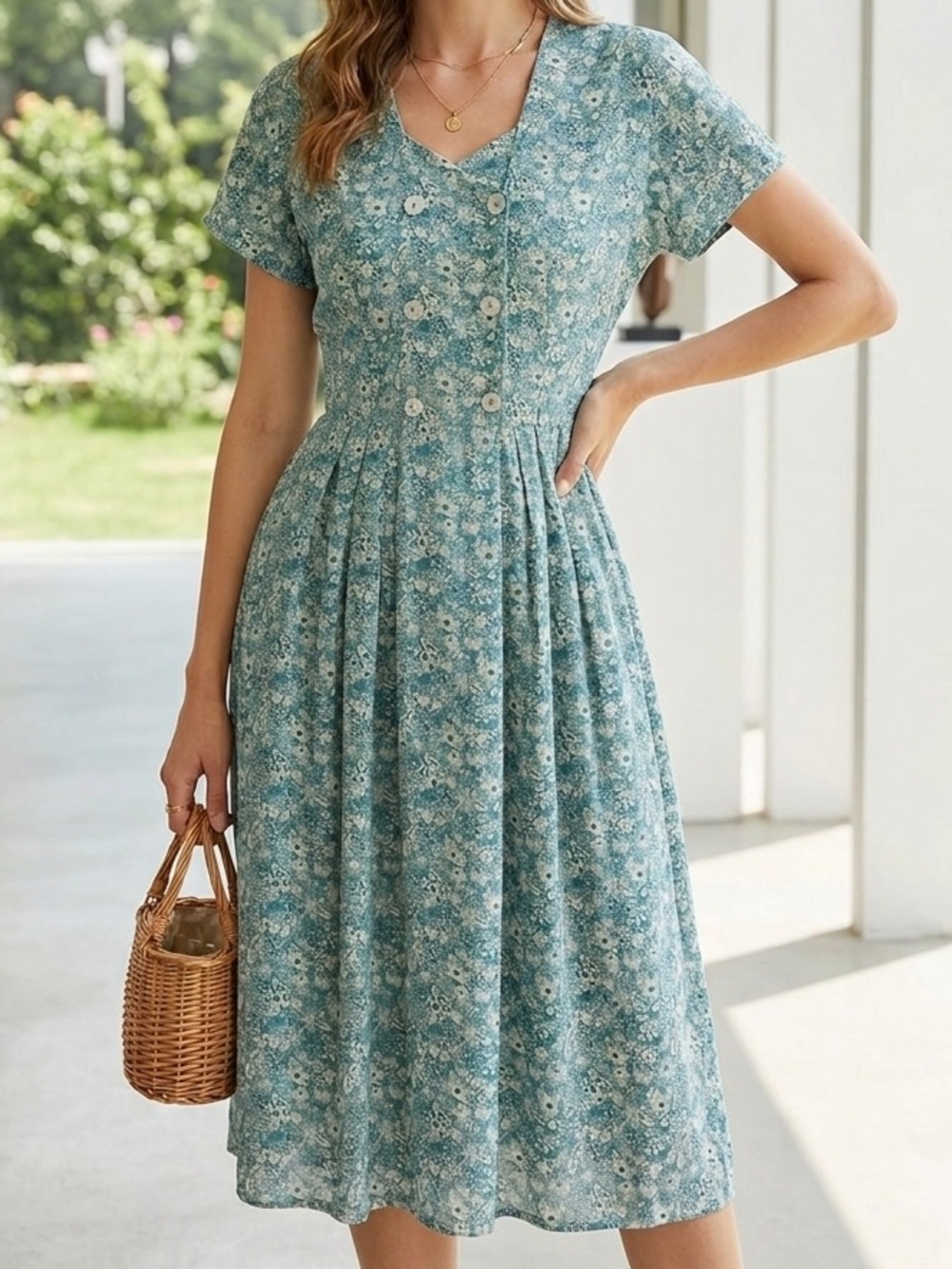 All That Jazz Teal Floral Button-Front Midi Dress